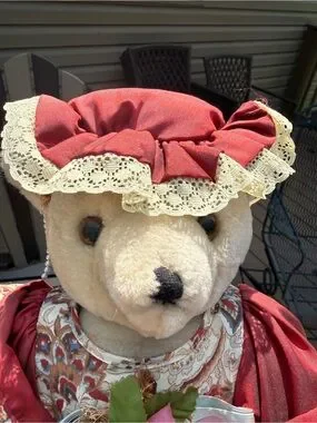 Accents | Vintage Stuffed Plush Bear In Red Victorian Dress With Bonnet ...